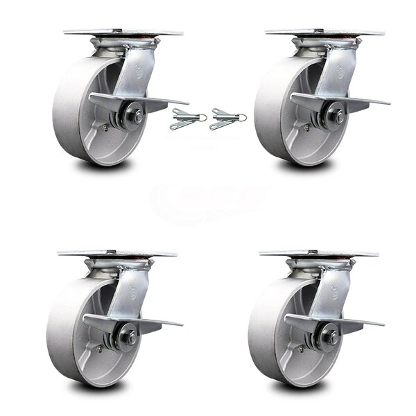 Service Caster 6 Inch Semi Steel Caster Set with Roller Bearing 4 Brake and 2 Swivel Lock SCC SCC-35S620-SSR-SLB-BSL-2-SLB-2 - main